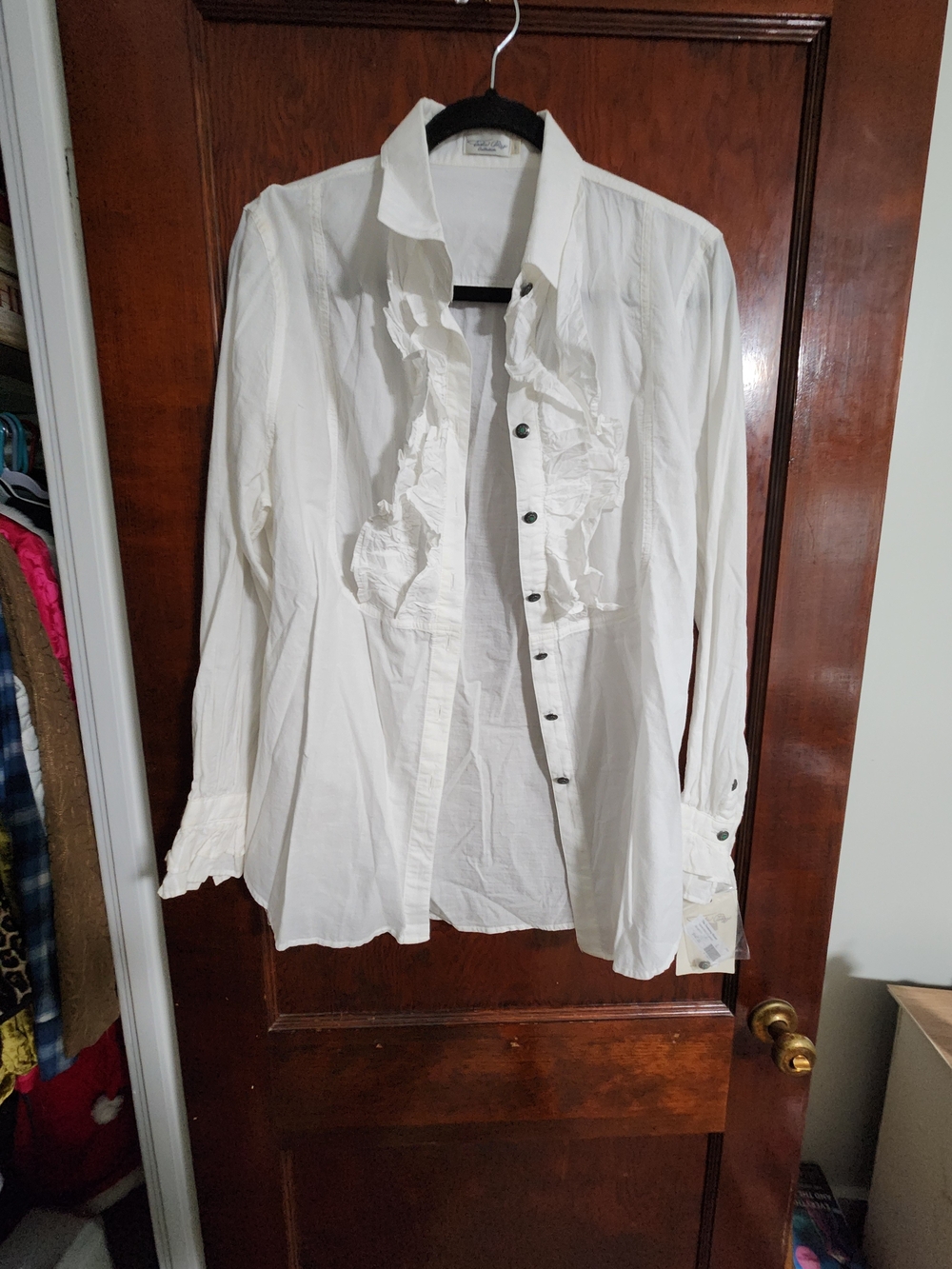 NWT Tasha Polizzi White Ruffle Western Chic Blouse Shirt Size L Concho Buttons